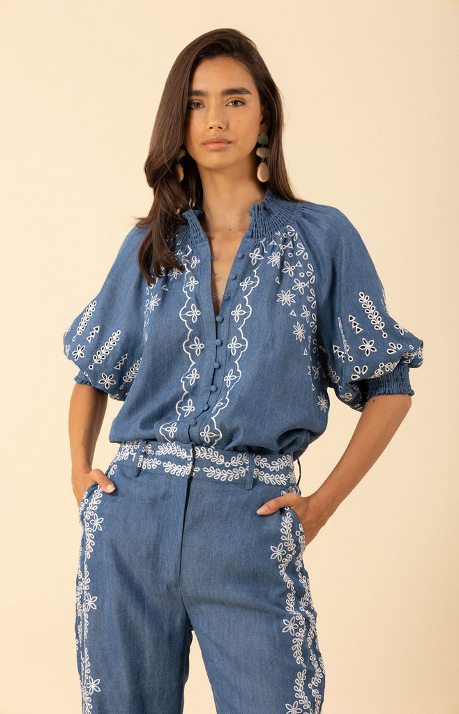 Fallon Embroidered Chambray Top