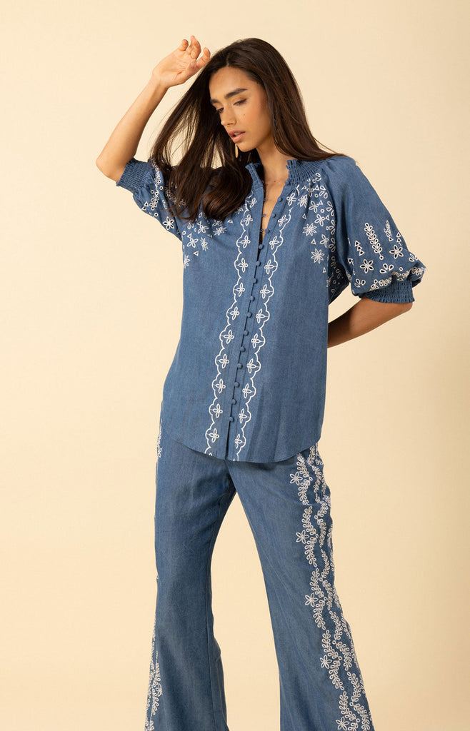 Fallon Embroidered Chambray Top