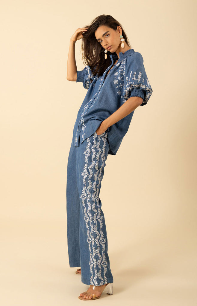 Fallon Embroidered Chambray Top