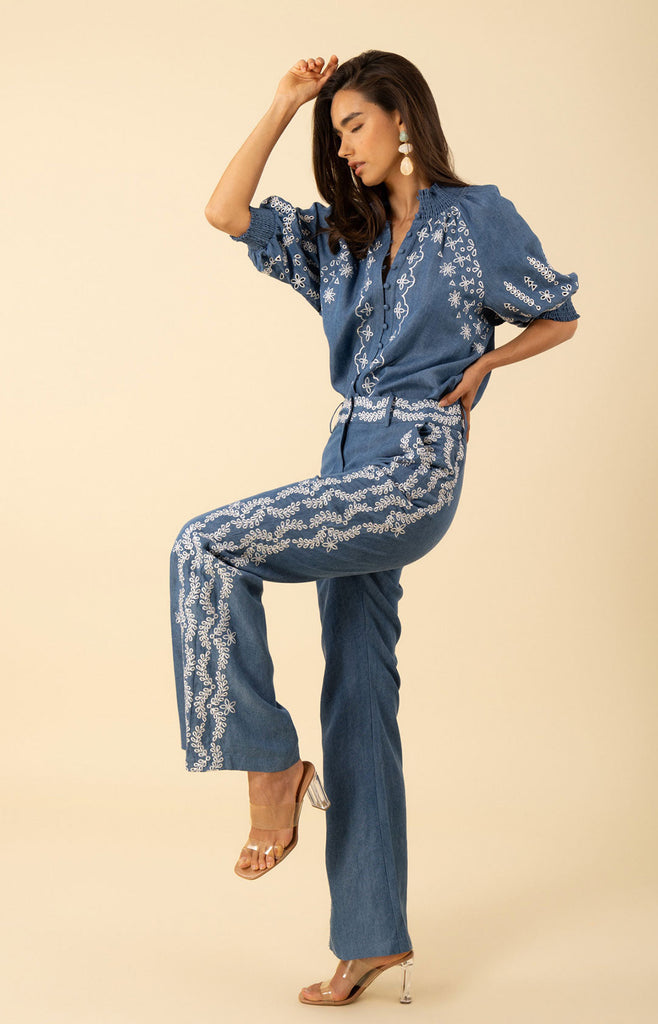 Fallon Embroidered Chambray Top
