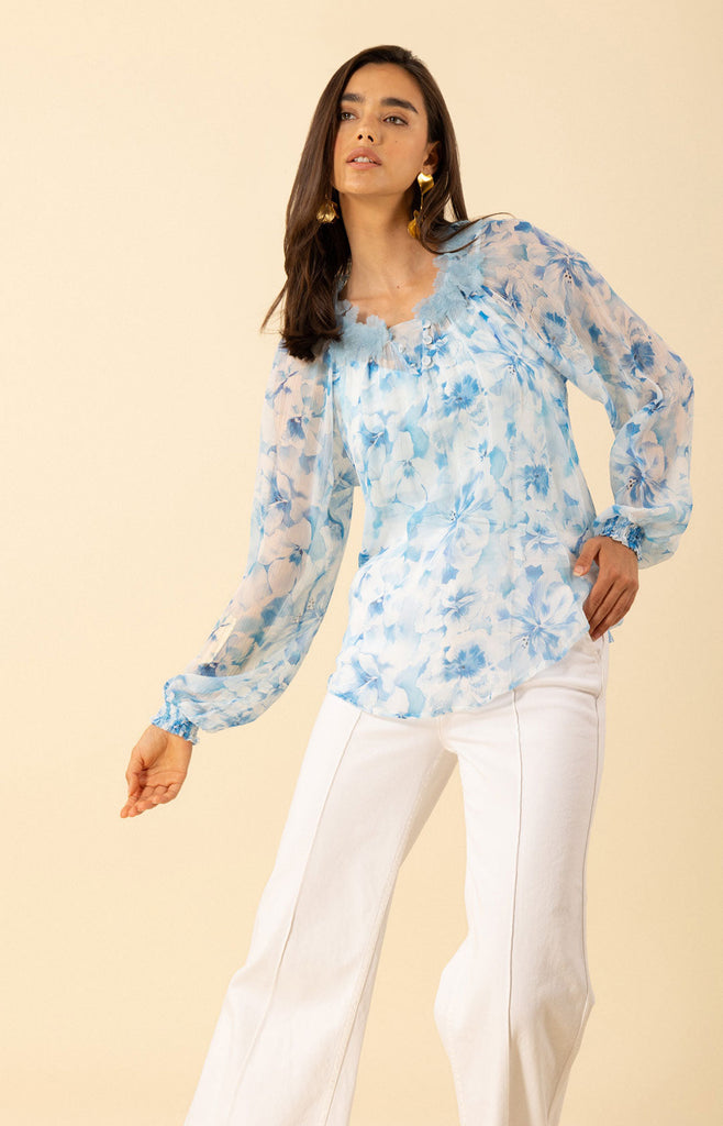 Jolie Floral Trim Silk Top