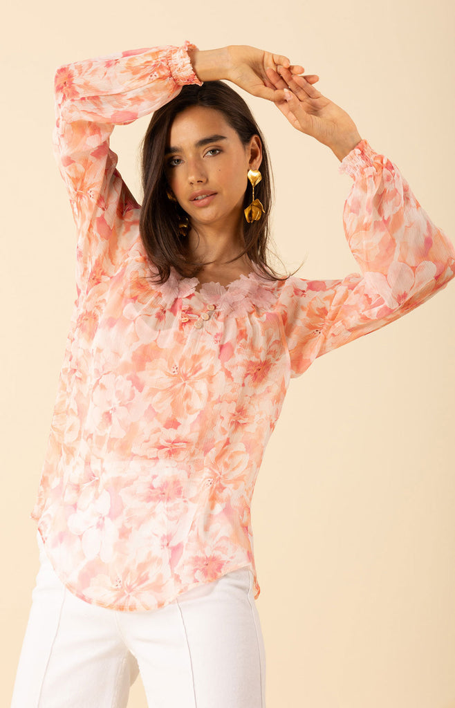 Jolie Floral Trim Silk Top