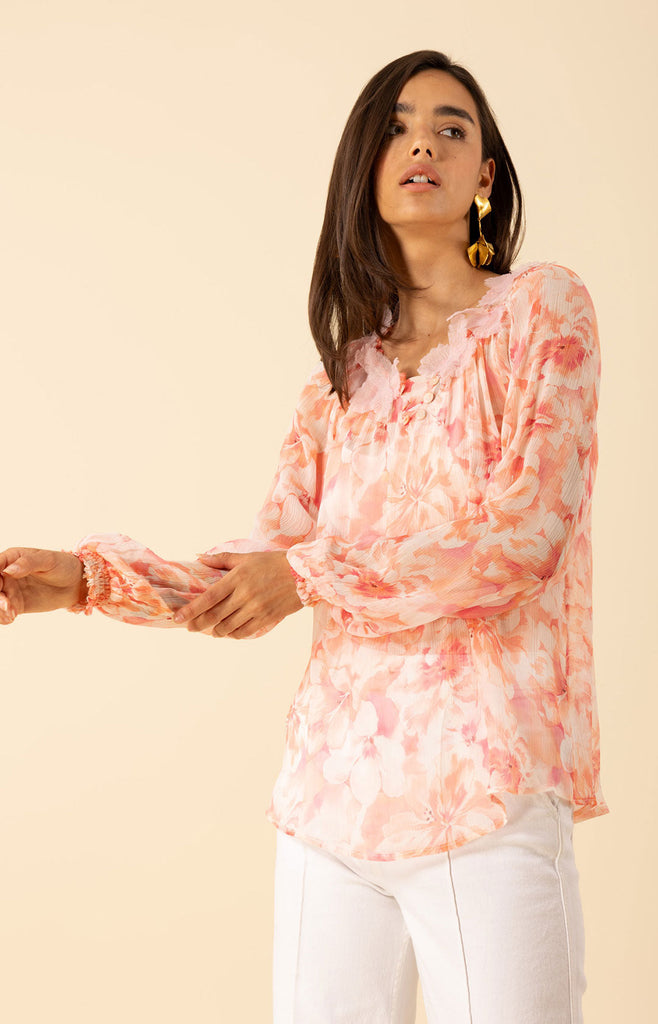 Jolie Floral Trim Silk Top